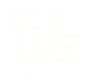 Mapa de delegaciones en Espana: Sevilla, Barcelona, Malaga, Madrid y Valencia