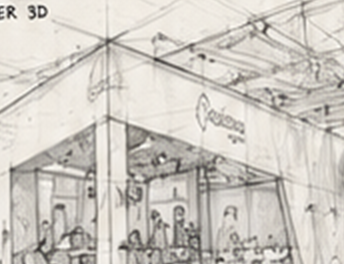 Boceto y Render 3D del stand Acciona